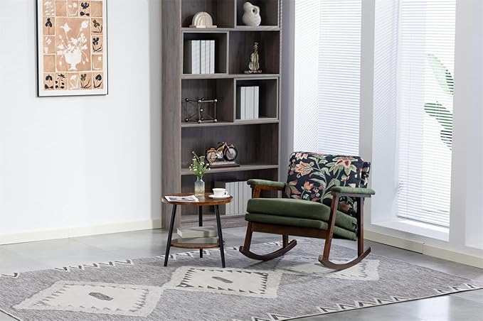 ZeHuoGe Mid Century Modern Accent Chair Rocking Chair with Wood Frame Upholstered Living Room Chairs Reading Armchair for Bedroom Sunroom (Antique Green)