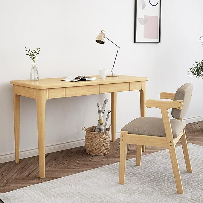 Solid Wood Desk with Drawers Writing Study Table for Small Spaces Mid Century Versatile Home Office Computer Workstation Wooded Vanity Table for Bedroom