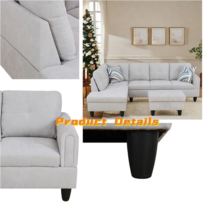 FONTOI L Shaped Sectional Couch with Otttoman 97 Sectional Sofa for Living Room Flannel Modular Couches with Cup Holders for Bedroom Apartments Light Grey