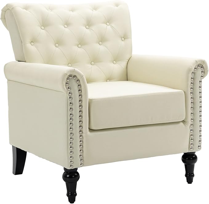 Upholstered Lounge Arm Chair Single Sofa for Living Room Bedroom Beige Modern Accent Chair Linen ArmchairTufted BackWood Legs