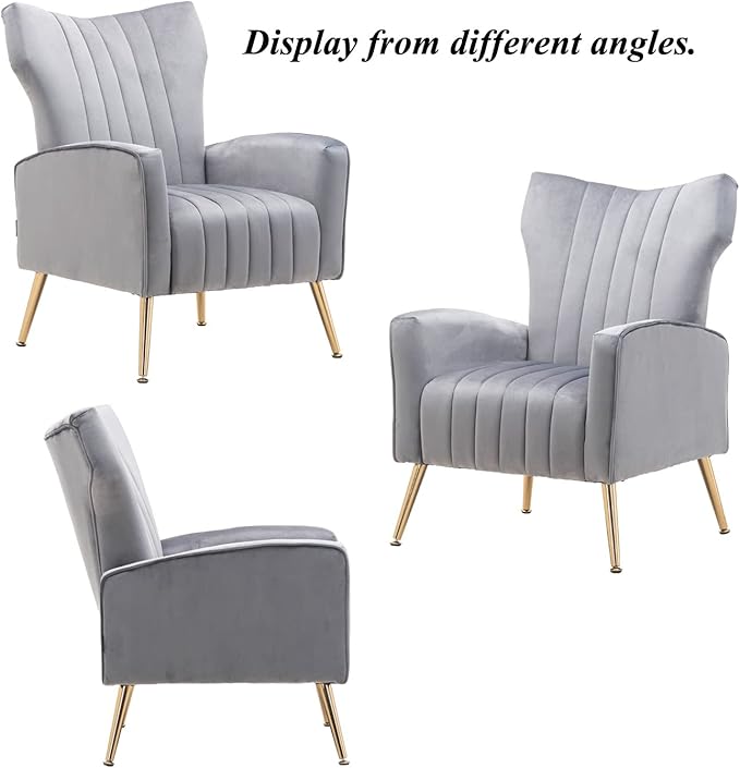 Velvet Accent Chair Modern Wingback Comfy Chair Tufted Reading Armchair with Gold Legs for Living Room/Bedroom Grey