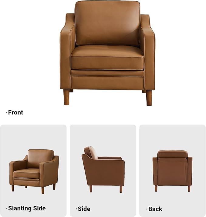 Kingfun Accent Chair Living Room Chairs Faux Leather Reading Armchair Mid Century with Solid Wood Foot Upholstered Modern Decor for Bedroom Apartment Brown