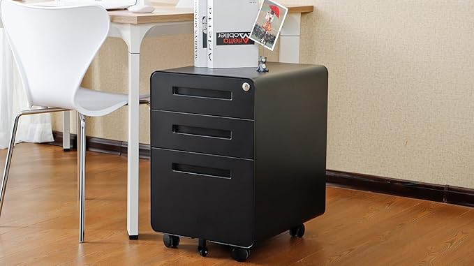 3 Drawer Mobile File Cabinet Under Desk OfficeSimple Style Versatile Storage Cabinet for Legal/Letter/A4 Files 5 Wheel Design Anti-Tilting Cold Rolled Steel Black