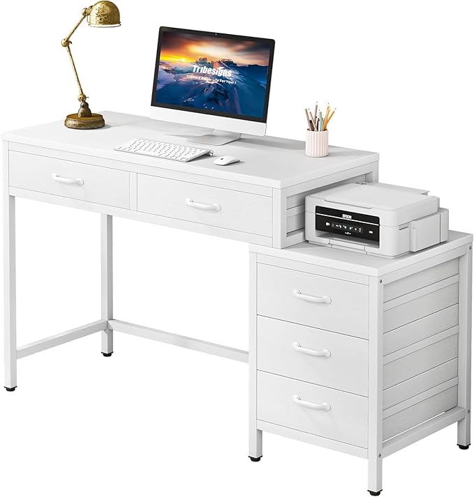 Tribesigns Computer Desk with 5 Drawers Home Office Desks with Reversible Drawer Cabinet Printer Stand Industrial PC Desk with Storage White Study Writing Table Workstation for Small Spaces