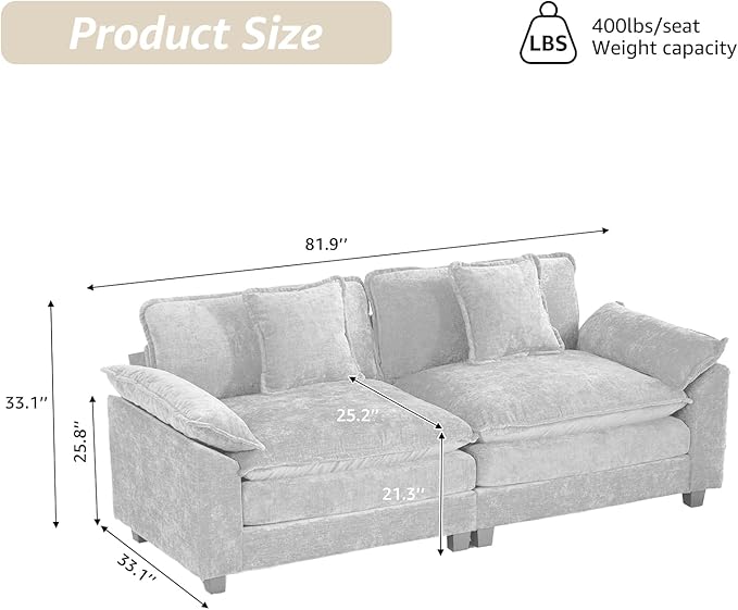 81.9 Modern Love Seat Sectional Couches for Living Room Green Chenille Comfy Cloud Sectional Couch Modular Loveseat Sofa Set for Living Room Sofas para Sala Cozy Couches (Green 2+0 Set)