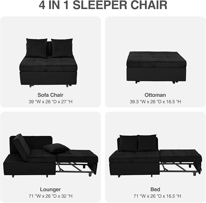 Sofa Bed 4-in-1 Convertible pull out Couch Velvet Love seat Couch Sleeper Chair Bed with 2 Throw Pillow Single Recliner with 5 Adjustable Backrests for Living Room Apartment Small Space Black