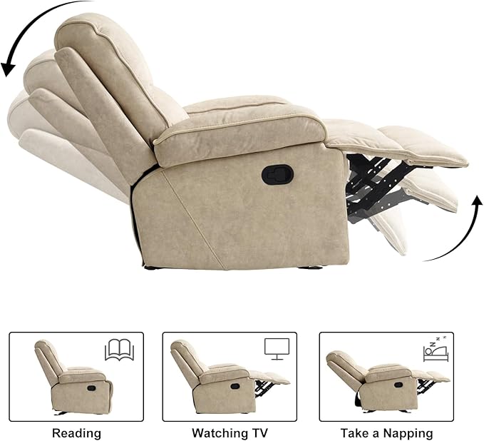 Manual Rocker Recliner Chair for Adults High Back Glider with Deep Seat Upholstered Fabric Armchair for Living Room &amp Nursery Flaxen