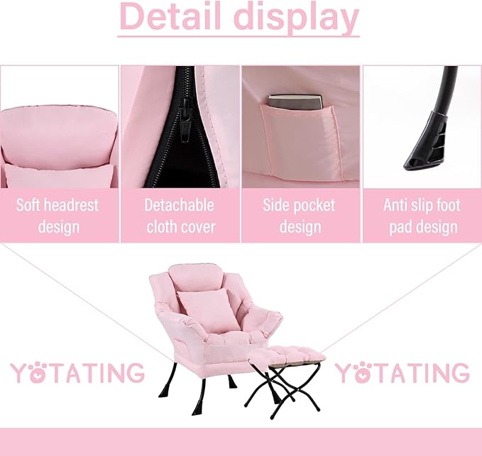 Lazy Chair with Ottoman Comfy Reading Lounge Chair with Footstool &amp Throw Pillow Modern with Armrests &amp Side Pocket for Living Room Bedroom Dorm Room Pink