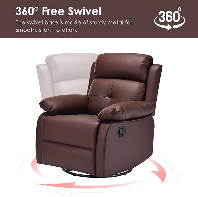 Swivel Rocker Recliner 360 Swivel Small Recliners with 30 Degree 90-150 Degree Angle Faux Leather Lift Chair for Home Theater Seating Adults Living Room Bedroom Brown