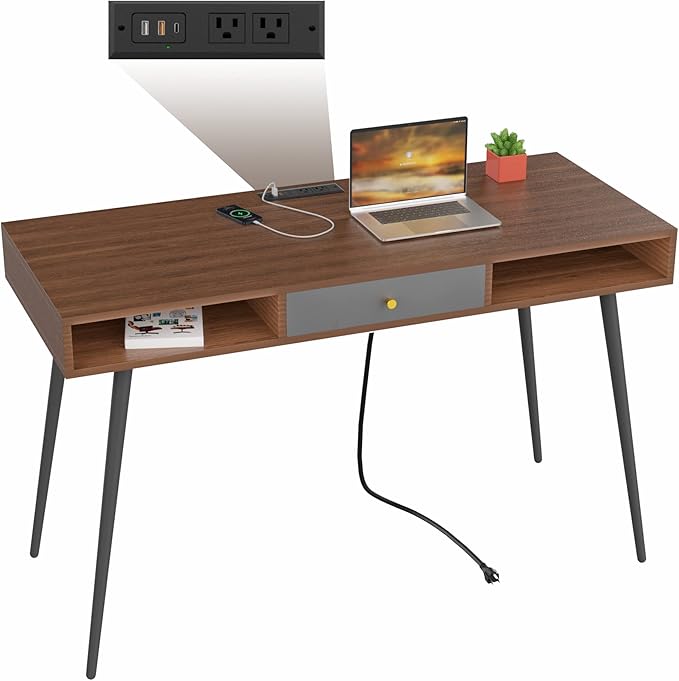 Mid Century Desk with USB Ports and Power Outlet Modern Writing Study Desk with Drawers Multifunctional Home Office Computer Desk Walnut
