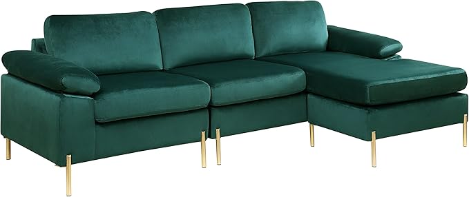 Favfurish 101 Velvet Upholstered Sectional Sofa with Chaise and Pillow Arms L-Shaped Solid/Manufatured Wood Loveseat Couch W/Removable Back &amp Cushionsfor Living RoomBedroomOfficeGreen
