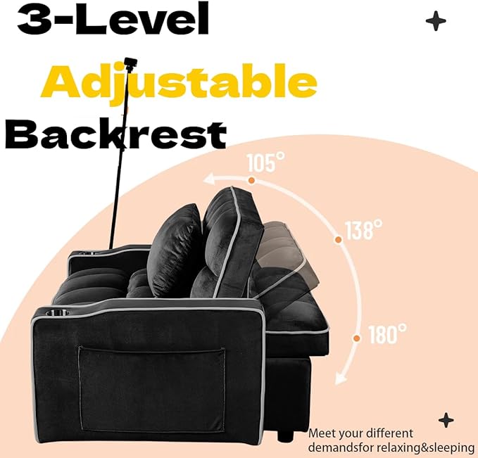 Convertible Sleeper Chair Pull Out Chair Sleeper with Bracket and Cup Holder 3 in 1 Sofa Bed Chairs for Adults Chairs Bed Sleepers for Small Spaces Living Room Black