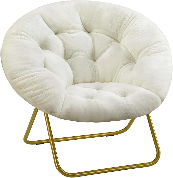 ScratchMe Saucer Chair Comfy Faux Fur Chair for Bedroom Saucer Chairs for Adults Teens Round Shaped Moon Chair with Foldable Metal Frame White