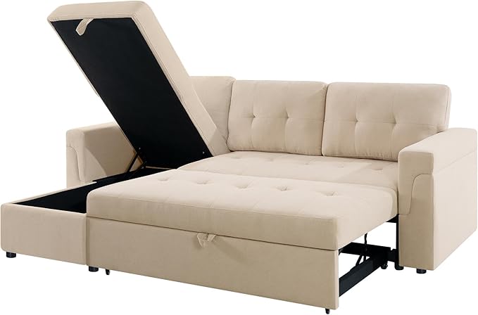 Naomi Home 85 in. Convertible Sofa with Storage Reversible L Shape Sofa Couch with Chaise Comfy Couches for Living Room Beige/Velvet