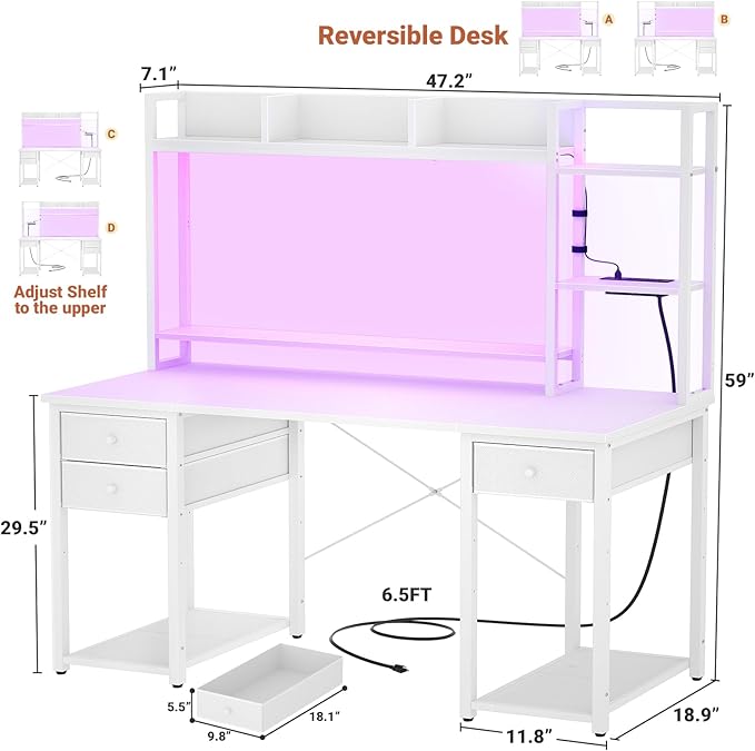 Aheaplus Desk with LED and Outlets Gaming Desk with Hutch 47.2'' Computer Desk with Drawers Reversible Office Desk with Storage Bookshelf Large Workstation Desk with Shelf Desk for Home White