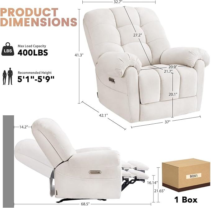 EONIX Mordern Massage Rocker Recliner Chair Dual Motor Power Rocking Recliners for Small Spaces Lazy Boy Recliner Chair with Heat and Massage for Living Room Bedroom Study Pearl White