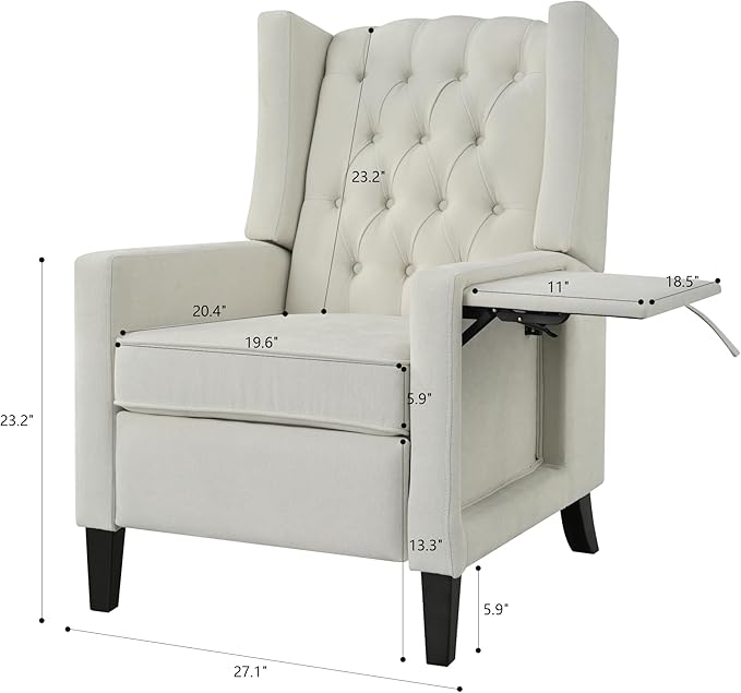 Mid Century Wingback Recliner Fabric Push Back Recliner Chair Single Rolled Armchair Sofa with Rivet Decoration Accent Chairs with Stable Hump Feet for Living Room (Beige①)