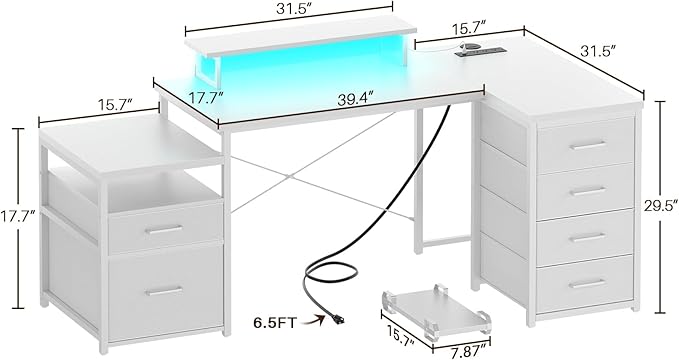 Unikito 70.8 Reversible L Shaped Computer Desk with Fabric File Drawers Corner Desks with RGB LED Light &amp Power Outlets &amp Monitor Stand Large Gaming Desk for Home Office Workstation White