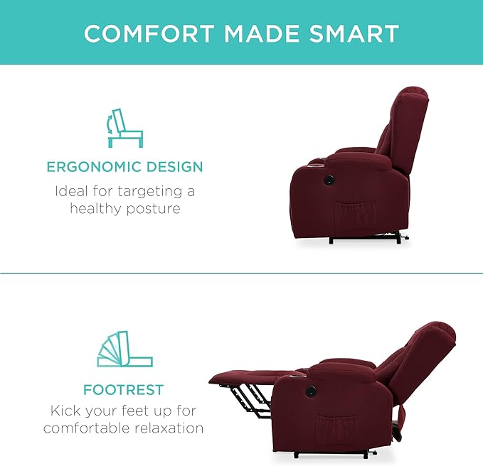 Best Choice Products Modern Linen Electric Power Lift Chair Recliner Massage Chair Adjustable Furniture for Back Legs w/ 3 Positions USB Port Heat Cupholders Easy-to-Reach Button - Burgundy