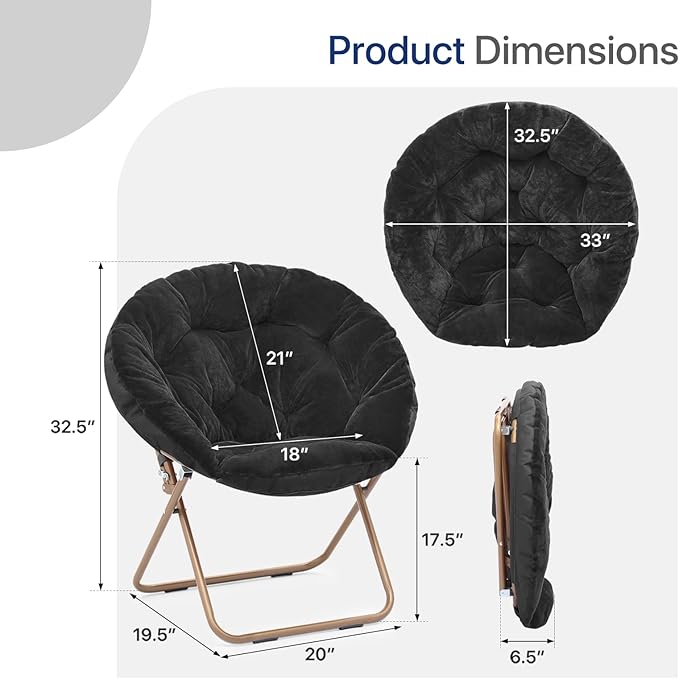 Round Saucer Chair for Teens and Adults Faux Fur Folding Living Room Cozy Moon Chairs Set of 2 (Black)