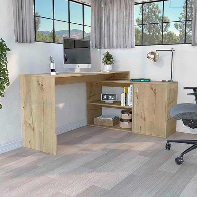 59 Modern L-Shaped Computer Desk with 2 Open Shelves &amp Closed Storages Corner Computer Desk for Home Office/Files/Books/Decor/Corner/Against (Beige)