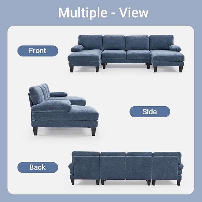 VINGLI 110 Sectional Couches for Living RoomU Shaped Couch with Double Chaise 4-Seat Sofa Set with Corduroy Fabric for Home FurnitureOcean Blue