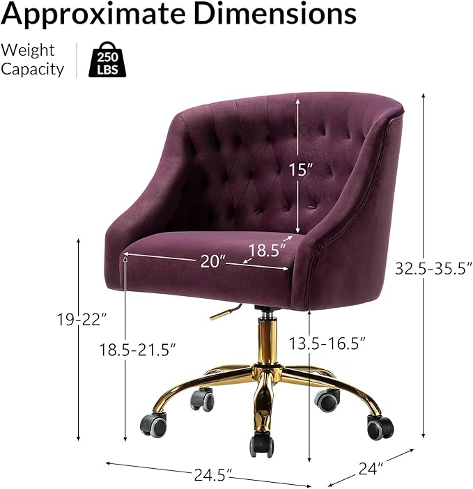 Velvet Office Chair with Gold Base Modern Cute Desk Chair Comfortable Adjustable Swivel Task Chair for Home Office Living Room Bedroom Vanity Study