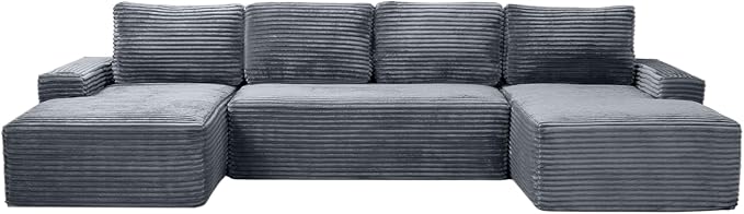 Oversized U Shaped Sectional Couch 133.5 Boneless Cloud Couches for Living Room Corduroy Comfort Modular Deep Seat Sofa with Chaise Cup Holders &amp Storage Pocket No Assembly Grey
