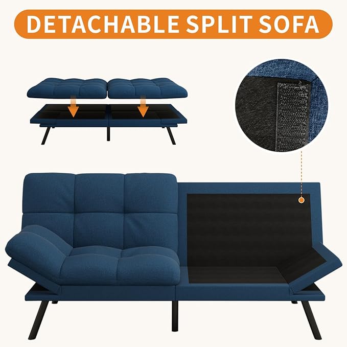 MUUEGM 71-Inch Convertible Futon Sofa Bed with Adjustable Backrest &amp Removable Armrests Foldable Sleeper Loveseat for Small Space Living Room Studio Apartment Home OfficeBlue