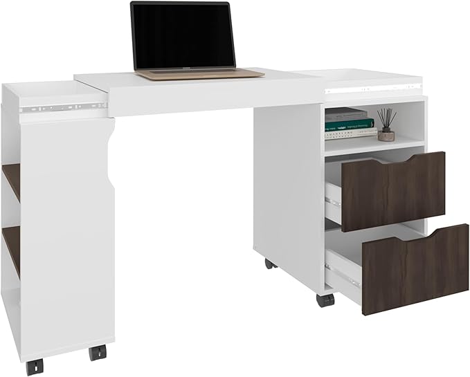 Tuhome San Diego 54 Expandable Desk with Two Drawers Seven Storage Shelves Rolling Caster Base Space-Saving Home Office Desk Retractable Workstation for Study Living Room or Small Spaces