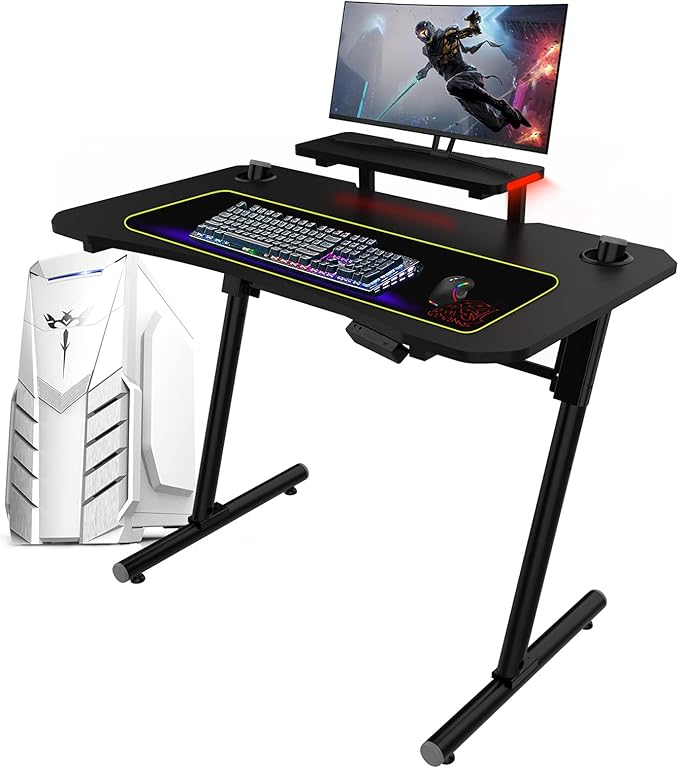 Modern-Depo Computer Gaming Desk with LED Lights Monitor Stand Shelf 41 Inch Adjustable PC Table Workstation Black