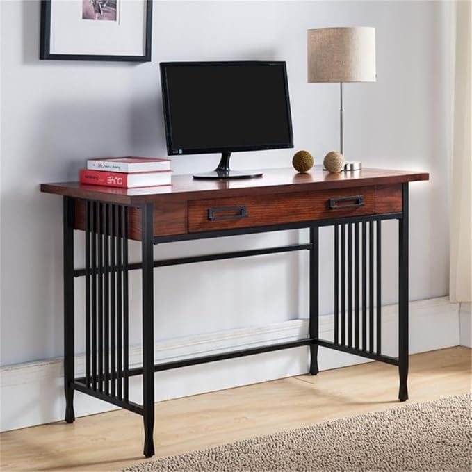 BOWERY HILL Computer Desk 46 in x 22 in x 30 in Mission Oak Finish Hardwood Solids and Oak Veneers Matte Black Steel Base Drop Front Drawer Home Office Writing Desk