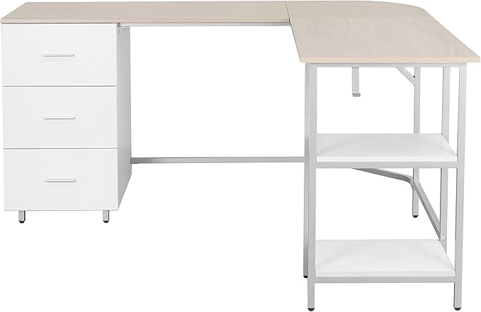 Techni Mobili L Shaped Desk - Two-Toned Computer Desk with Drawers &amp Storage Shelves - Simple Modern Furniture &amp Home Office Space Corner Table for Work &amp Writing