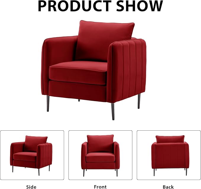 Modern Velvet Accent Chair Single Sofa Chairs Armchair with Square Arm Upholstered Reading Chairs for Living Room Bedroom Apartment (Velvet Burgundy Chair)
