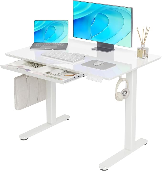 Claiks Glass Standing Desk with Drawers 40×24 Inch Adjustable Stand Up Desk Quick Install Home Office Computer Desk White