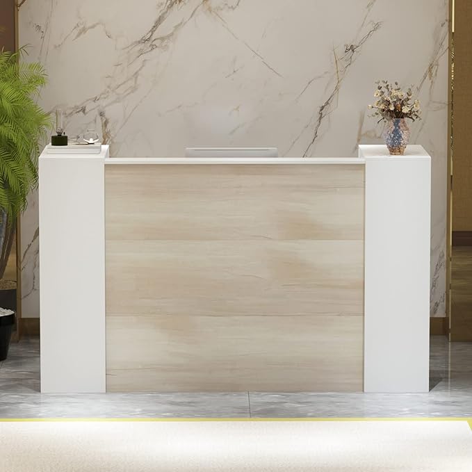 Homsee Modern Reception Desk Counter with 2 Lockable Doors &amp 6 Storage Compartments Office Wooden Computer Desk with 2 Cabinets &amp Adjustable Shelves White and Brown (70.9”L x 23.6”W x 43.3”H