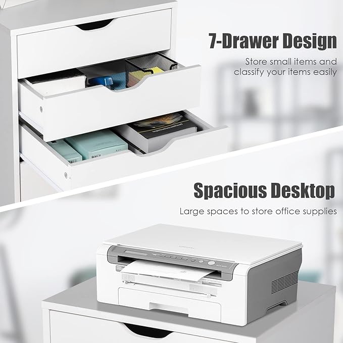 7 Drawers Filing Cabinet Vertical File Cabinet for Home Office Mobile Under Desk Office Storage Cabinets with Wheels (White 7 Drawers)