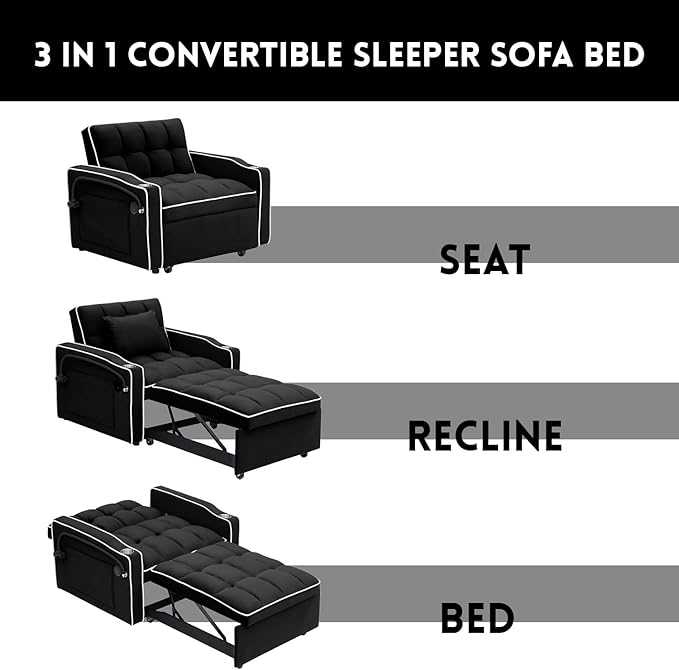 3 in 1 Sleeper Sofa Chair BedVelvet Convertible Sleeper SofaPull Out Bed Chair with USB Port &amp Ashtray and Swivel Phone Stand &amp Storage Pockets Modern Singer Sofa for Living Room