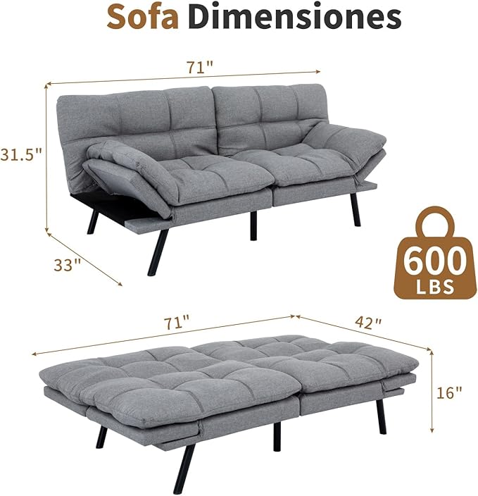 MUUEGM Futon Sofa Bed 71 Convertible Memory Foam Sofa Couch with Adjustable Backrest &amp Armrests Modern Upholstered Sleeper Couch for Small Spaces Living Room &amp Apartment Linen Fabric Lih