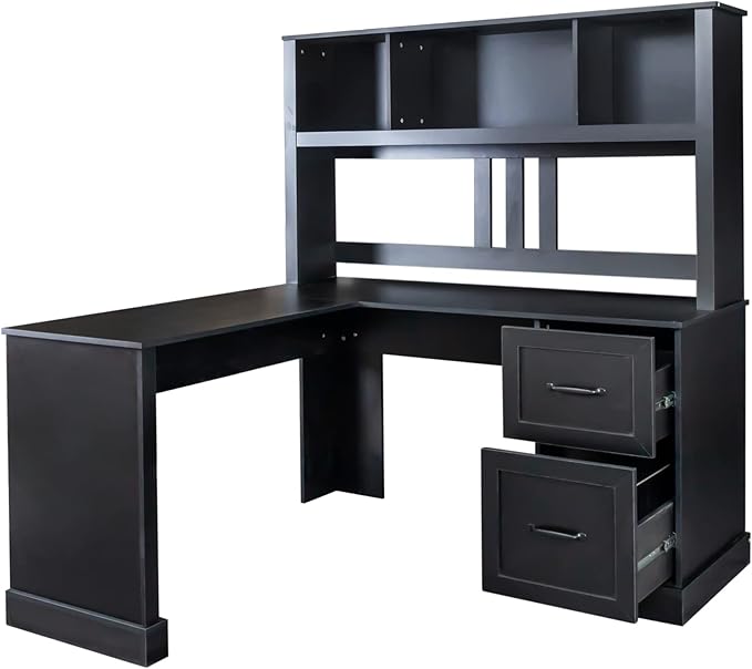 Bellemave L Shaped Computer Desk with Hutch Home Office Desk with Drawers and Bookshelf Corner Desk Study Table Writing Desk with Storage Easy Assemble Antiqued Black