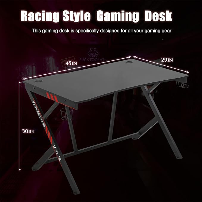 PayLessHere Gaming Desk 45 inch PC Desk Large Computer Desk Ergonomic Home Office Desk Gaming Workstation with Cup Holder &amp Headphone Hook (Red)