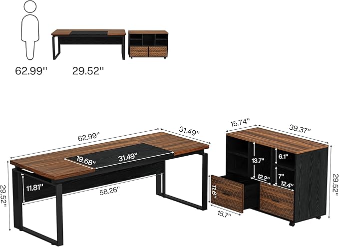 Tribesigns L-Shaped Executive Desk with Reversible File Cabinet 63 Office Desk with Storage Drawers L-Shaped Computer Desk with Drawer Cabinet for Hanging Letter Size Files (Brown+Black)