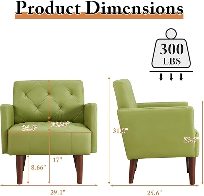 Accent Chairs Leather Accent Chair Modern Upholstered Living Room Chair Cozy Armchair Button Tufted Back and Wood Legs for Bedroom Office Cafe (Green)