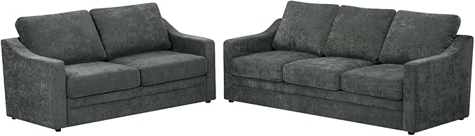 2 Pieces Chenille Sofa Set w/Soft Back Cushion &amp Curved Armrest Modern 2 Seat &amp 3 Seats Couch Set w/Deep Seat Space Upholstered Love Seat &amp Sofa w/High Density Foam for Living Room Grey