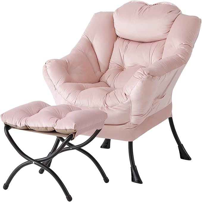Welnow Lazy Chair with Ottoman Modern Accent Chair with Armrests and a Side Pocket Leisure Sofa Armchair Reading Armchair with Footrest for Small Space Pink