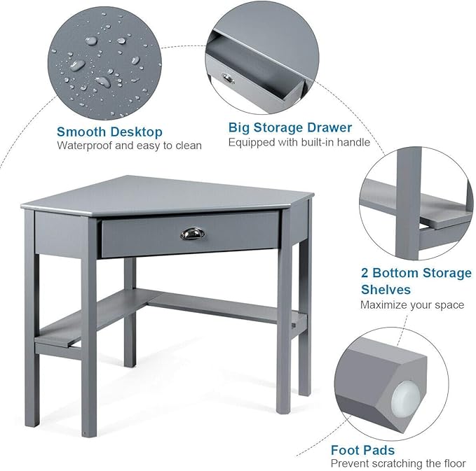 Corner Desk Compact Home Office Corner Desk Organizer90 Degrees Triangle Computer Laptop Writing Table for Small Spaces with Storage Shelf and Drawer (Gray)