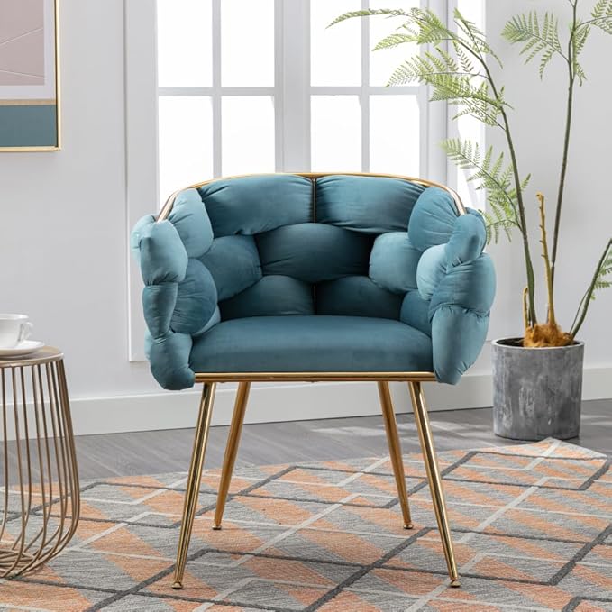Luxury Modern Simple Leisure Velvet Single Sofa Chair Bedroom Lazy Person Household Dresser Stool Manicure Table Back Chair (Blue + Velvet)