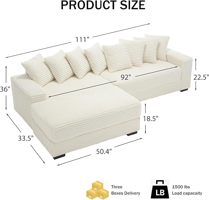 111 Inch Corduroy Sectional Couches for Living Room | L-Shaped Sectional Couch with 8 Pillows | Cloud Couch with Deep Seat | Solid Wood Frame Sofa Beige (Left Facing Chaise)