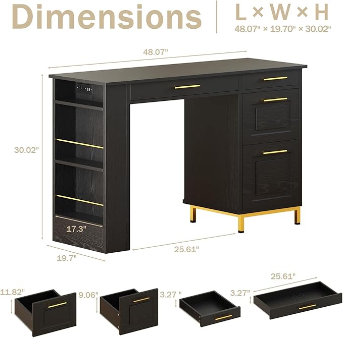 4 EVER WINNER Black Desk with Drawers and Power Outlet 48 Inch Computer Desk with Storage Shelves Writing Desk Study Table with Golden Handle for Small Space Black