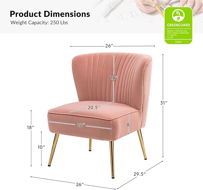 Tina's Home Velvet Armless Accent Chair Upholstered Modern Small Side Chair with Golden Legs Comfy Cute Wingback Slipper Chair for Living Room Study Beauty Room Thickly Padded(Pink)
